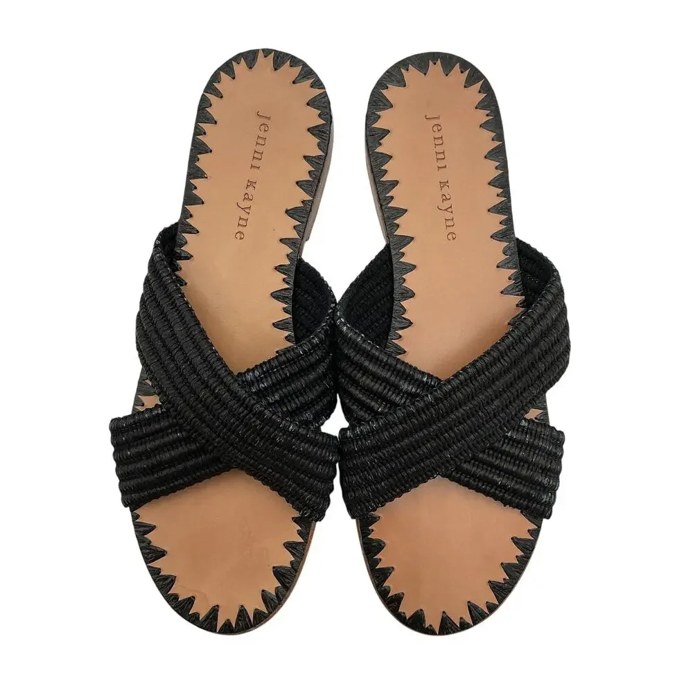 Jenni Kayne Woven Black Raffia Crossover Sandals Size 38 EU / US 8